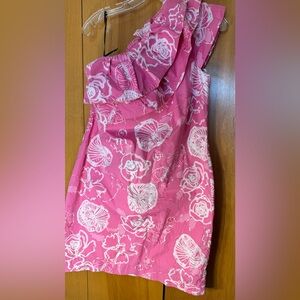 Women’s Lilly Pulitzer One Shoulder Pink Floral Ruffle Dress Size 10